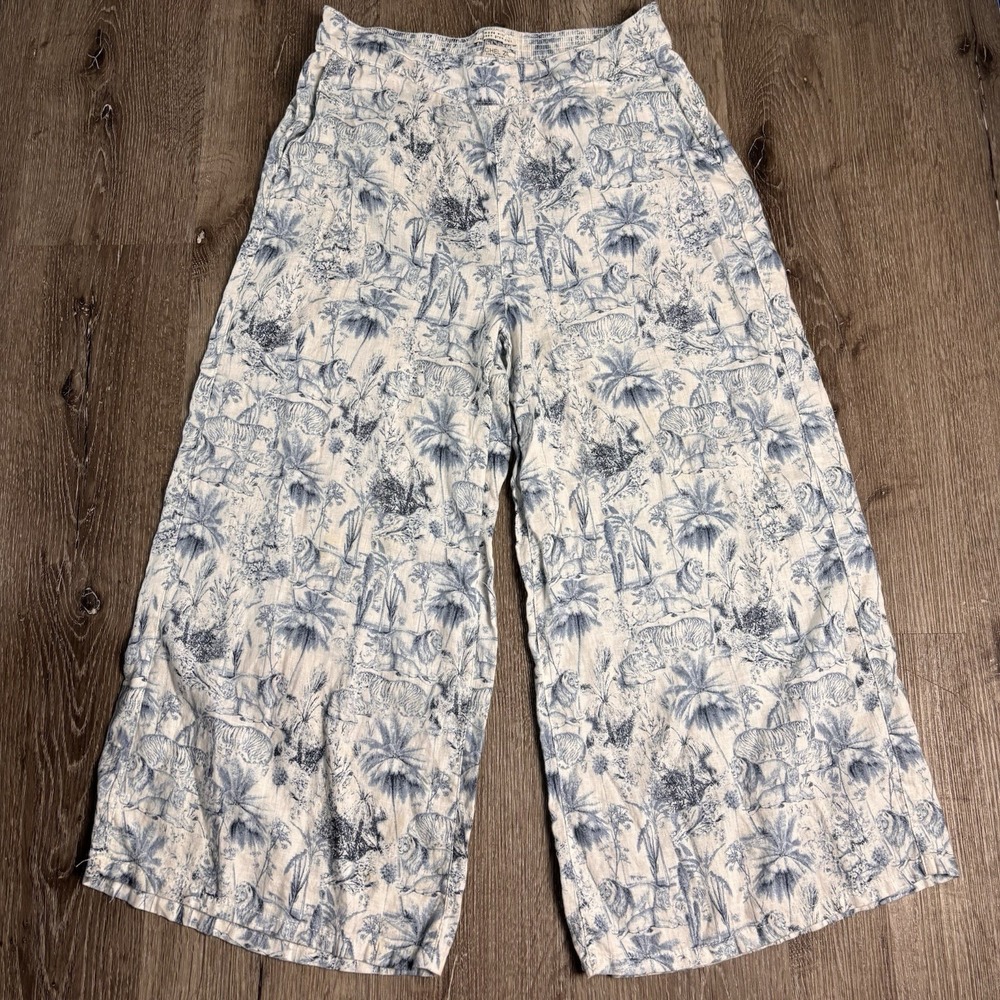 Rachel Zoe‎ L Boho Linen Wide Leg Crop Pants Blue White Tiger Toile Print